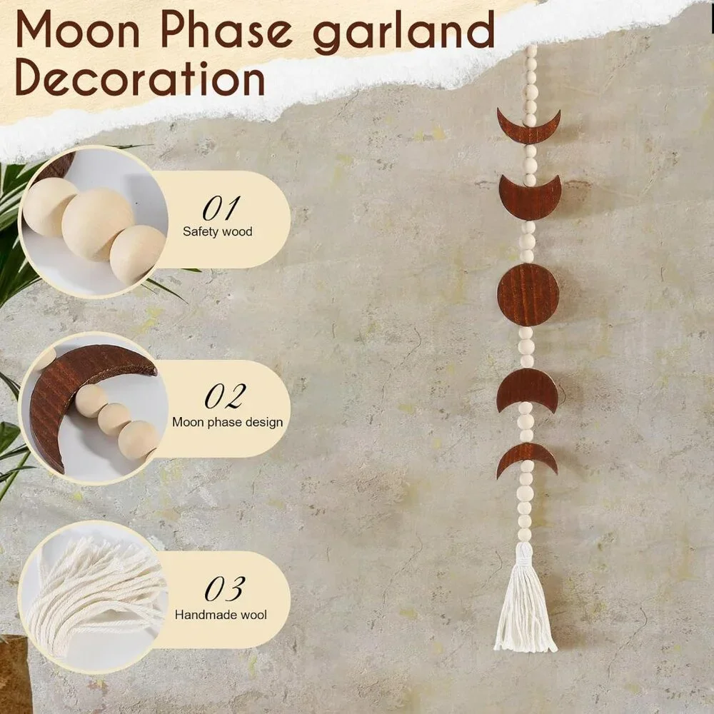 Boho‎ Decor Moon Phase Wall Hanging Wood Beaded with Tassel Phases of The Moon